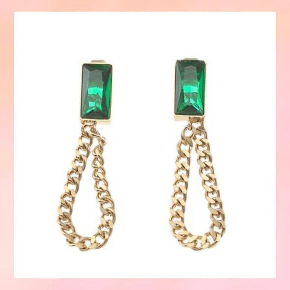 Emerald Green Stone Gold-Toned Chain Dangle Earrings - Picture 2 of 5